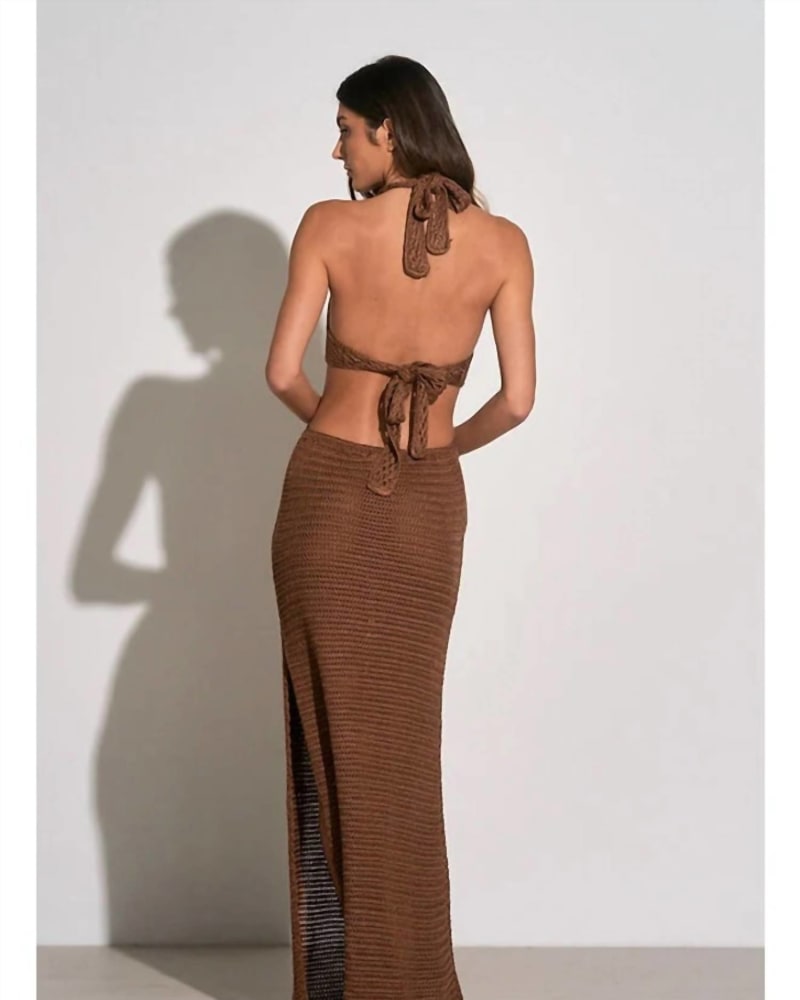 Back of a model wearing a size L Crochet Maxi Halter Cut Out Dress In Brown in Brown by ELAN. | dia_product_style_image_id:350693